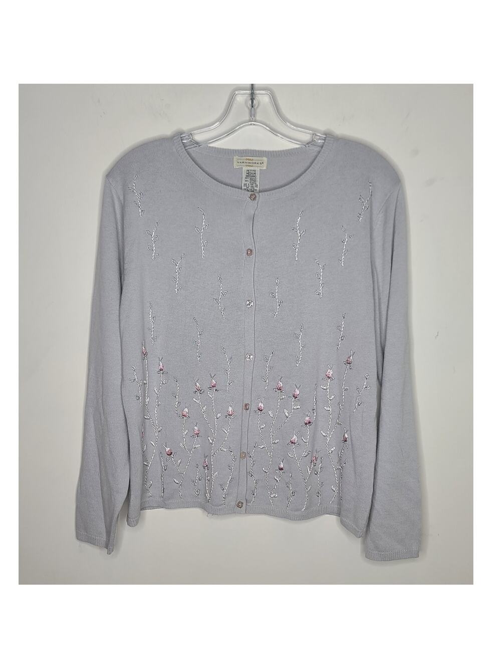 Yarnworks grey floral embroidery long sleeve cardigan sweater - medium petite MP